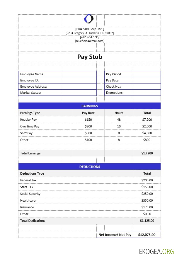 Modèle Word et PDF de bulletin de paie de Bluefield Corp. Ltd